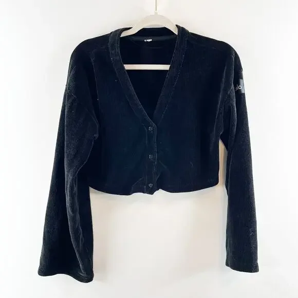 Alo Yoga Chenille Chalet V-Neck Cropped Cardigan Sweater Black XS - Picture 2 of 4